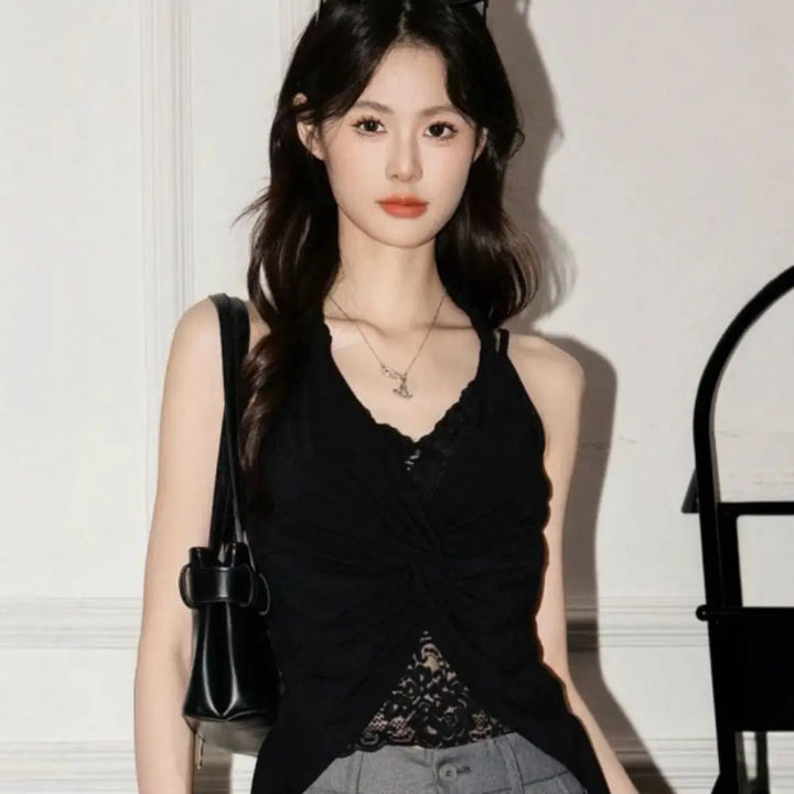 V Neck Lace Patchwork Vest Sleeveless Solid Color Halter Tank Top Twist Design Summer Fabric Spaghetti Straps Top Casual Outfit