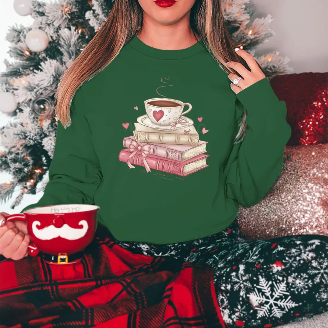 Sweatshirt Valentine Book Coffee Cup - Pull Femme Graphique Coquette Manches Longues