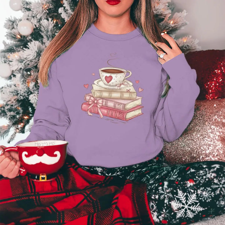 Sweatshirt Valentine Book Coffee Cup - Pull Femme Graphique Coquette Manches Longues