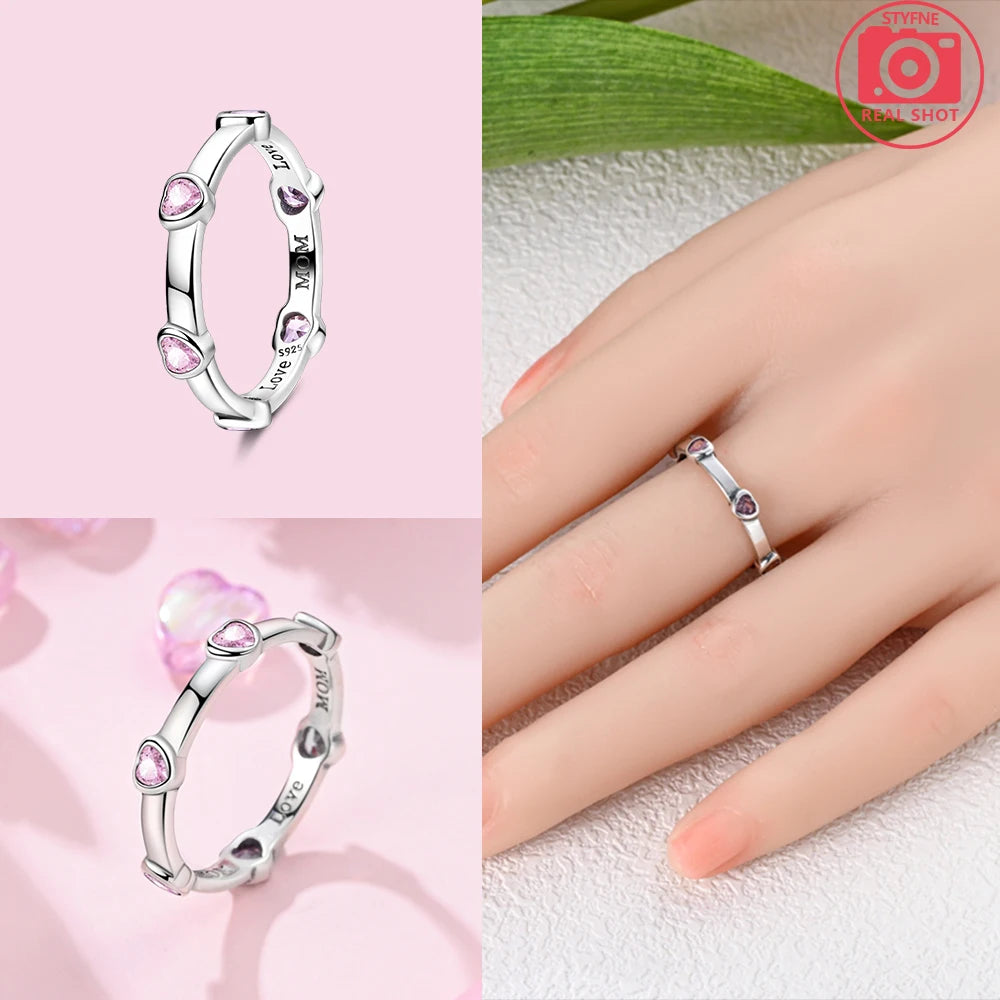 2025 Valentine's Day 925 Silver Black & Pink Heart Shiny Zircon Rings Trendy Ring for Women Love Gift DIY Fine Jewelry