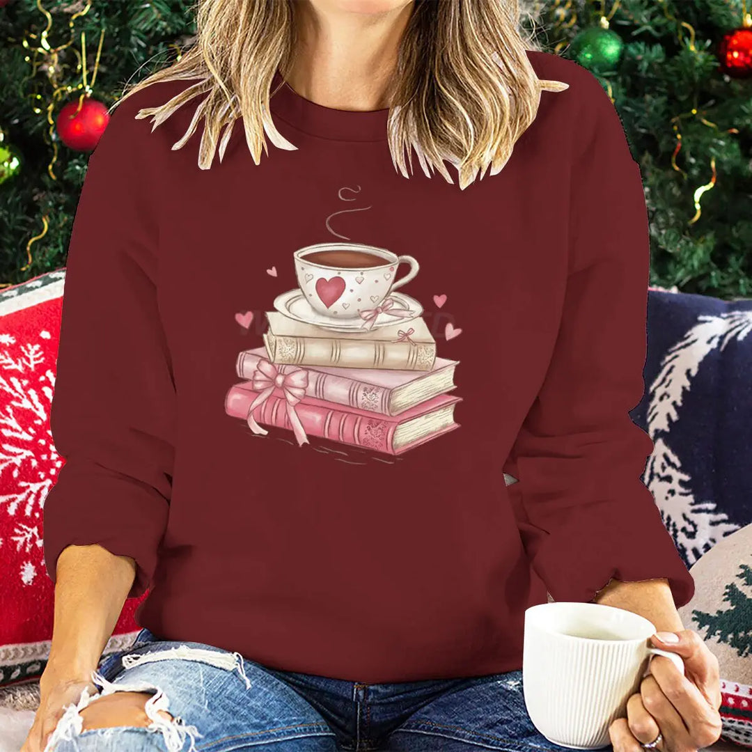 Sweatshirt Valentine Book Coffee Cup - Pull Femme Graphique Coquette Manches Longues
