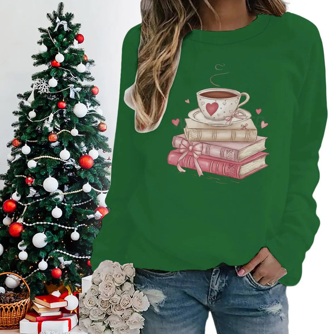 Sweatshirt Valentine Book Coffee Cup - Pull Femme Graphique Coquette Manches Longues