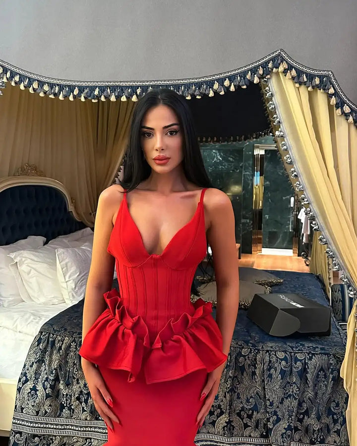 Robe Bandage Rouge Saint-Valentin - Robe Longue Moulante Col V Volants Femme