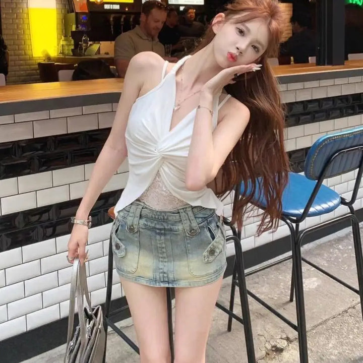 V Neck Lace Patchwork Vest Sleeveless Solid Color Halter Tank Top Twist Design Summer Fabric Spaghetti Straps Top Casual Outfit