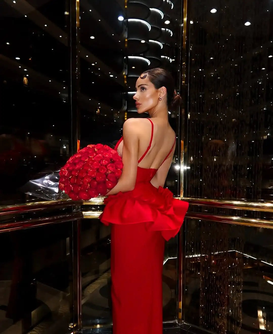 Robe Bandage Rouge Saint-Valentin - Robe Longue Moulante Col V Volants Femme