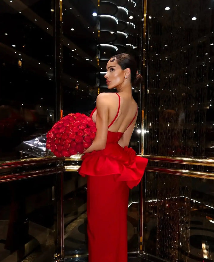 Robe Bandage Rouge Saint-Valentin - Robe Longue Moulante Col V Volants Femme