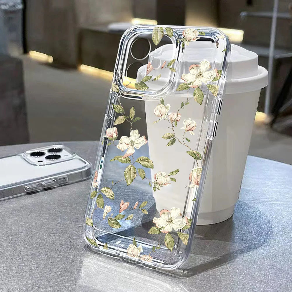 Transparent Flower Phone Case For iPhone 11 Case for iPhone 13 16 15 14 12 17 Pro Max XR XS 7 8 SE Aesthetic Floral Cover Funda