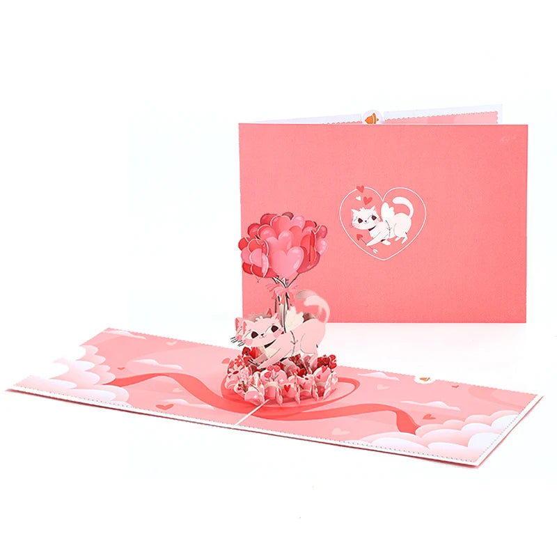 Valentines Day Greeting Card Romantic Cat Balloon Pop Up 3D Greetings Card Postcard Love Gifts For Couples Wife Husband Lovers