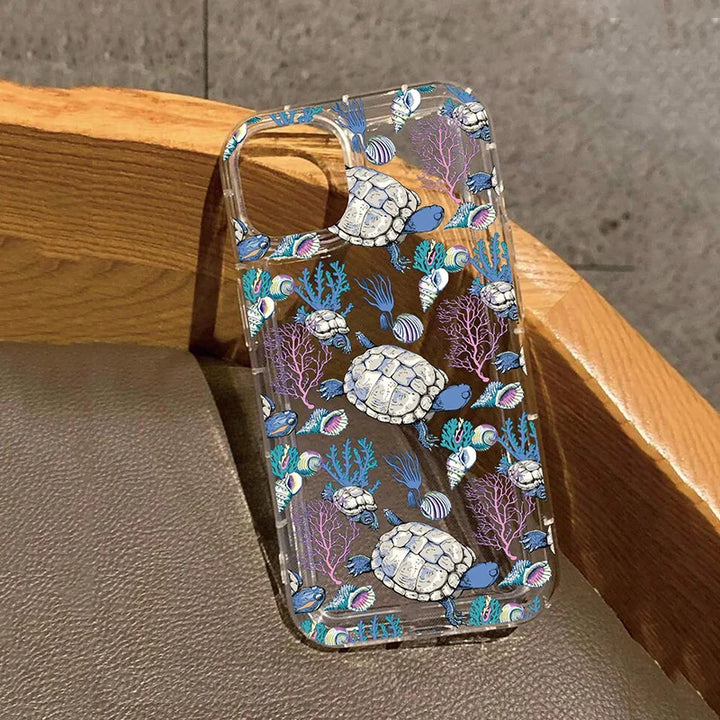 Fashion Transparent Phone Case For iPhone 17 16 Pro Max 15 14 13 12 11 XS X XR 7 8 Plus With Turtle Coral Seashell Pattern Cover