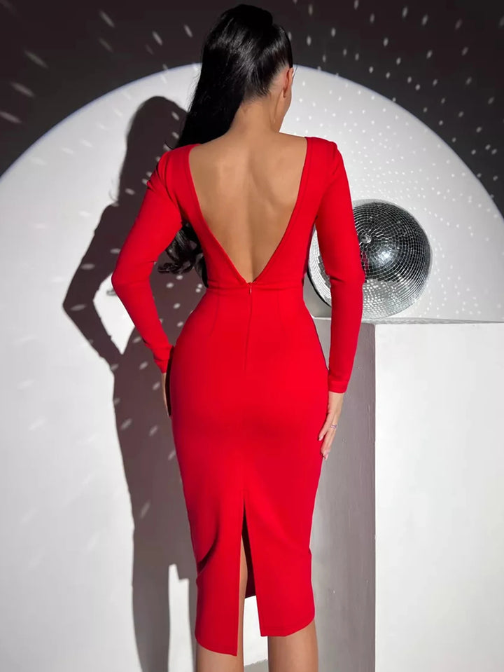 Robe Rouge Saint-Valentin Moulante - Robe Bandage Manches Longues Midi Élégante