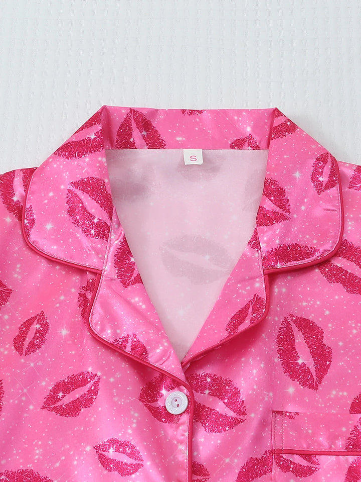 [Valentine's Day] 2-Piece Satin Pajamas with Lip Print, Short-Sleeved Shorts, Women's Pajamas, Loungewear Set Suitable for Home Use
