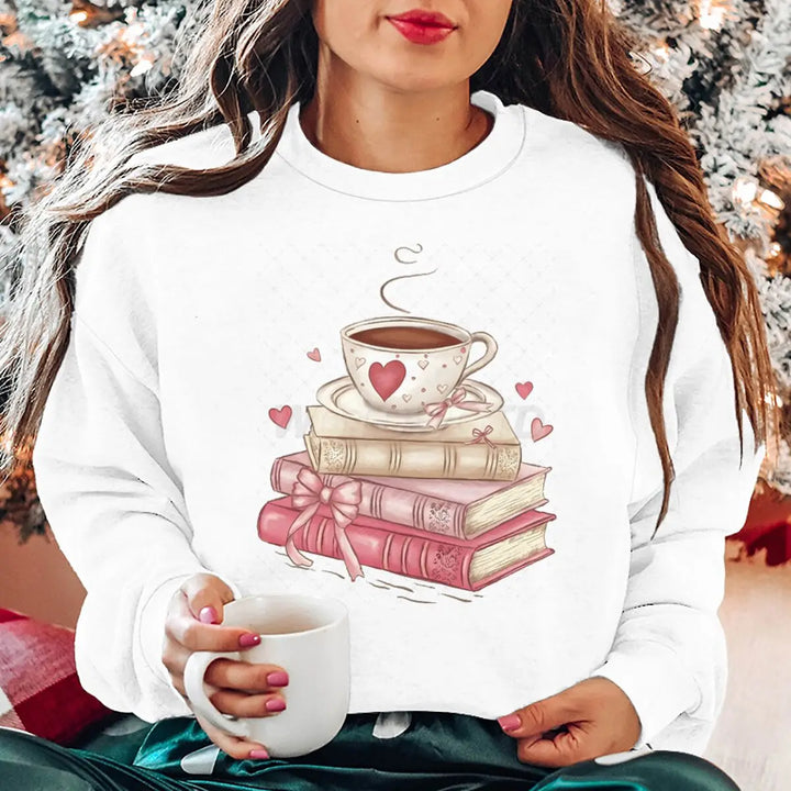 Sweatshirt Valentine Book Coffee Cup - Pull Femme Graphique Coquette Manches Longues