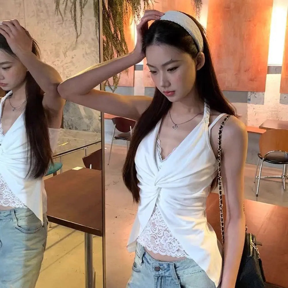 V Neck Lace Patchwork Vest Sleeveless Solid Color Halter Tank Top Twist Design Summer Fabric Spaghetti Straps Top Casual Outfit