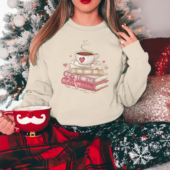 Sweatshirt Valentine Book Coffee Cup - Pull Femme Graphique Coquette Manches Longues