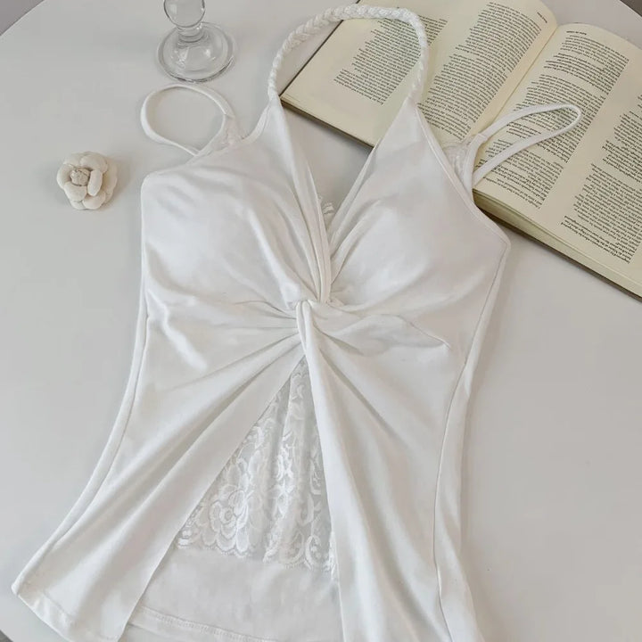 V Neck Lace Patchwork Vest Sleeveless Solid Color Halter Tank Top Twist Design Summer Fabric Spaghetti Straps Top Casual Outfit