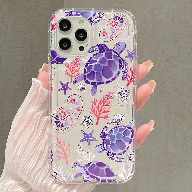 Fashion Transparent Phone Case For iPhone 17 16 Pro Max 15 14 13 12 11 XS X XR 7 8 Plus With Turtle Coral Seashell Pattern Cover