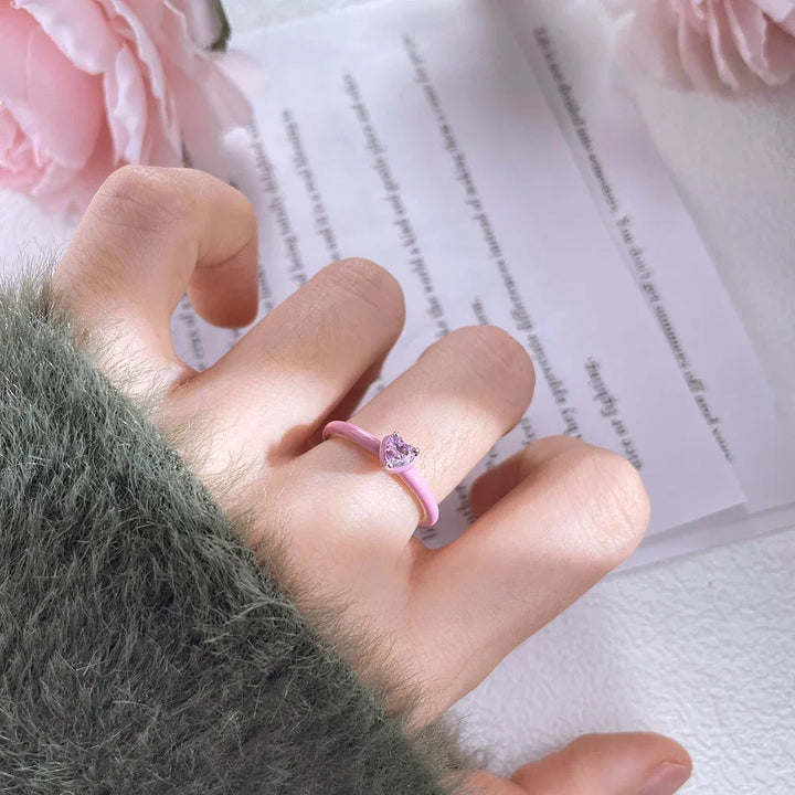 2025 Valentine's Day 925 Silver Black & Pink Heart Shiny Zircon Rings Trendy Ring for Women Love Gift DIY Fine Jewelry