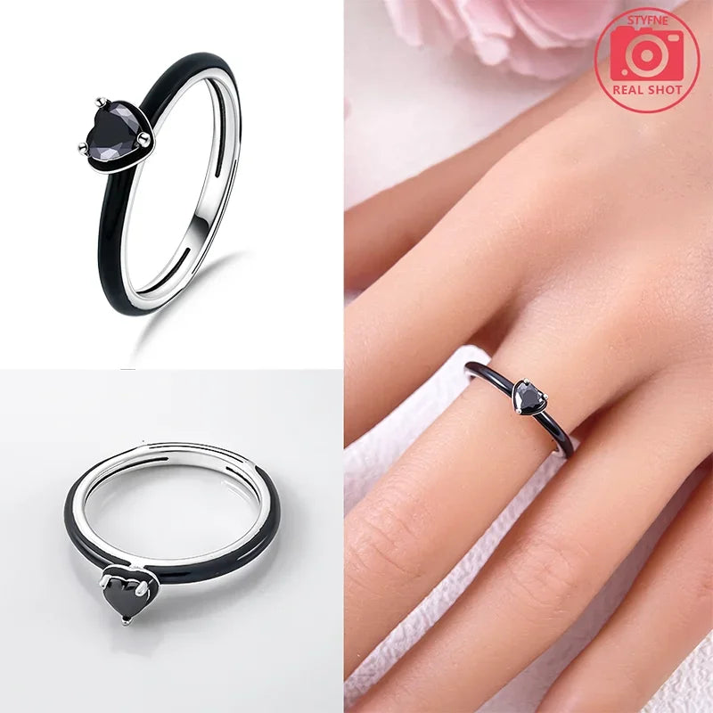 2025 Valentine's Day 925 Silver Black & Pink Heart Shiny Zircon Rings Trendy Ring for Women Love Gift DIY Fine Jewelry