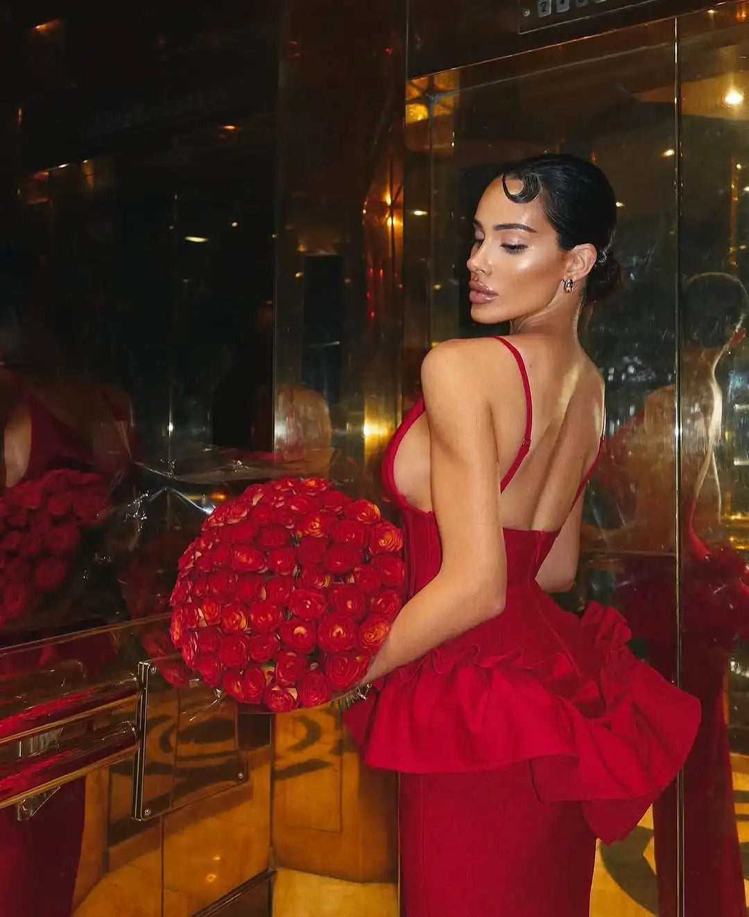 Robe Bandage Rouge Saint-Valentin - Robe Longue Moulante Col V Volants Femme