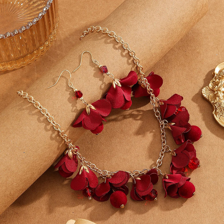 3pcs/Set Romantic Elegant Red Flower Chain Necklaces+Dangle Earrings,For Women Trendy Lovely Jewelry Set，Valentine'S Day Gift