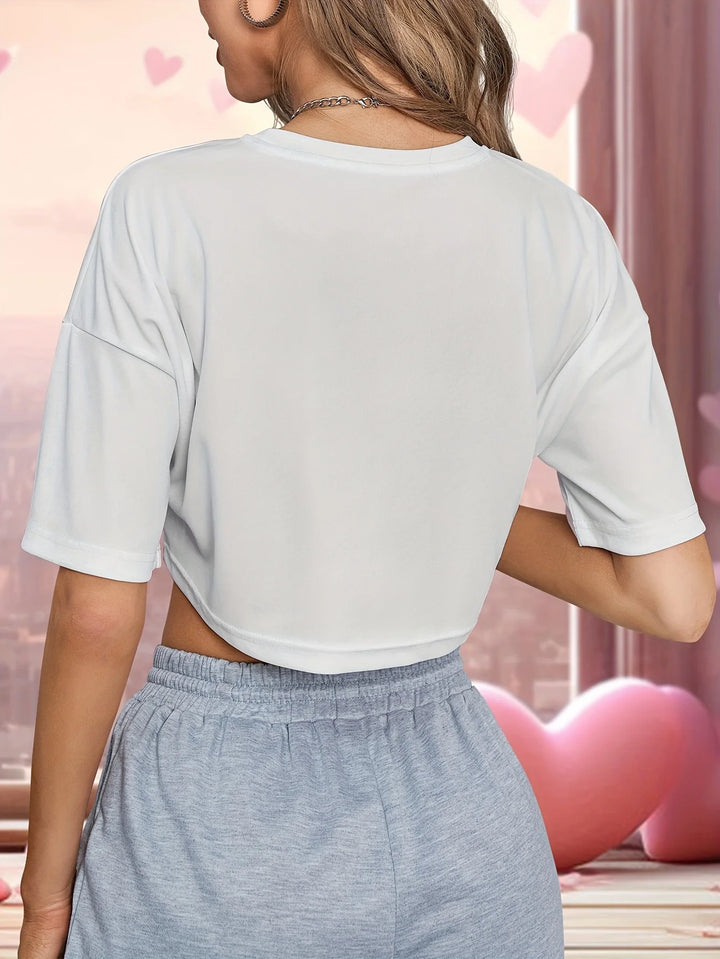 Top Court Valentines Graphique - Haut Crop Col Rond Femme Polyester Semi-Transparent