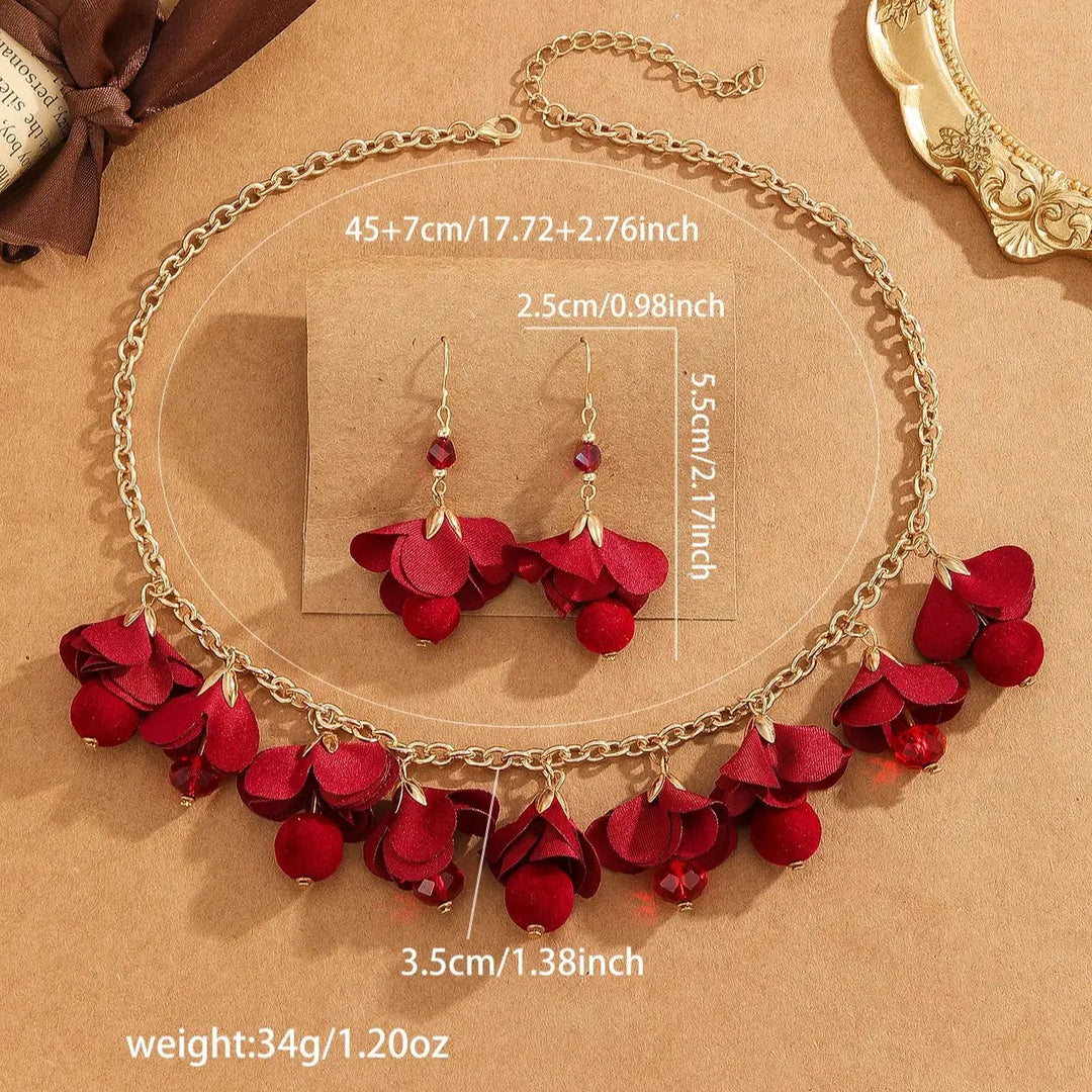 3pcs/Set Romantic Elegant Red Flower Chain Necklaces+Dangle Earrings,For Women Trendy Lovely Jewelry Set，Valentine'S Day Gift