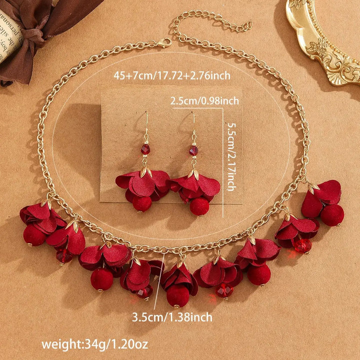 3pcs/Set Romantic Elegant Red Flower Chain Necklaces+Dangle Earrings,For Women Trendy Lovely Jewelry Set，Valentine'S Day Gift
