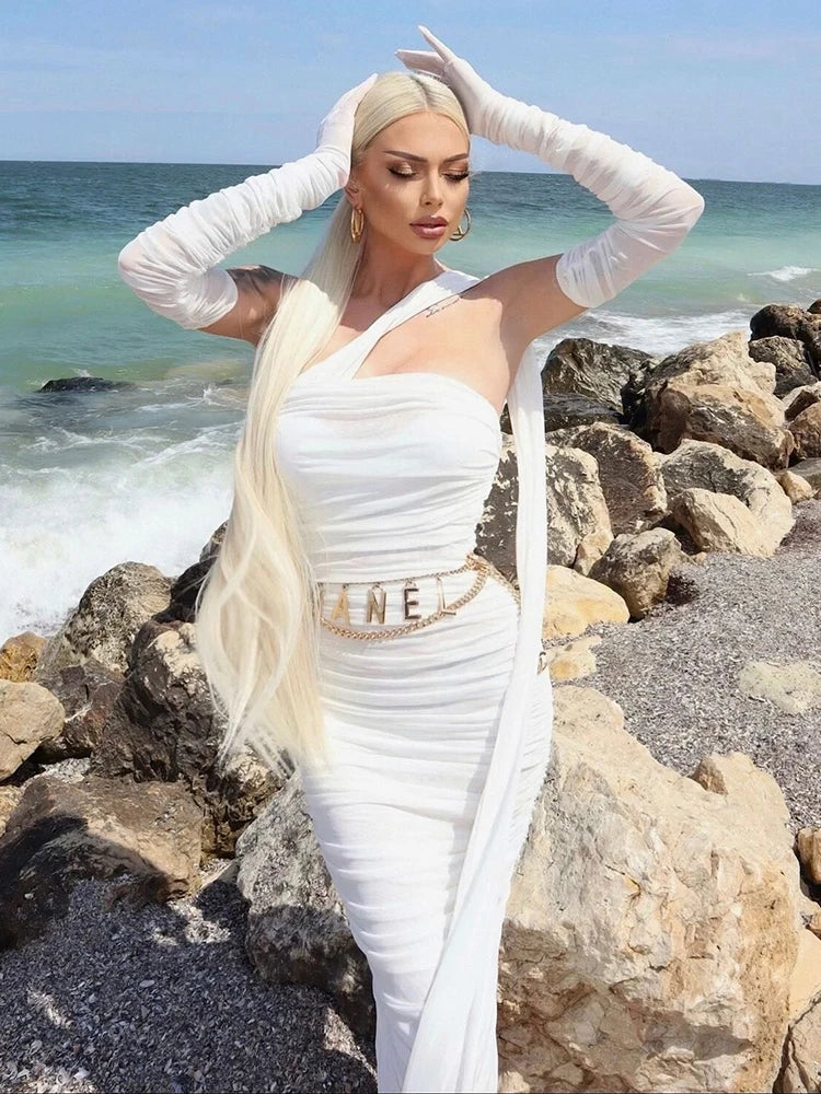 VC Elegant Dress For Women Draped Ribbon With Long Sleeves Gloves Dress Party Vestido Mesh Holiday Sundress