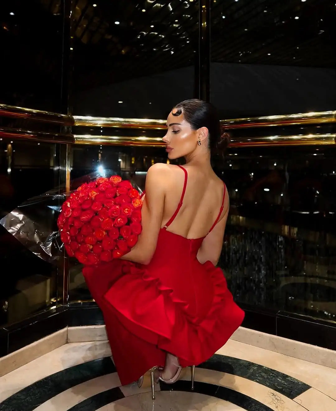 Robe Bandage Rouge Saint-Valentin - Robe Longue Moulante Col V Volants Femme