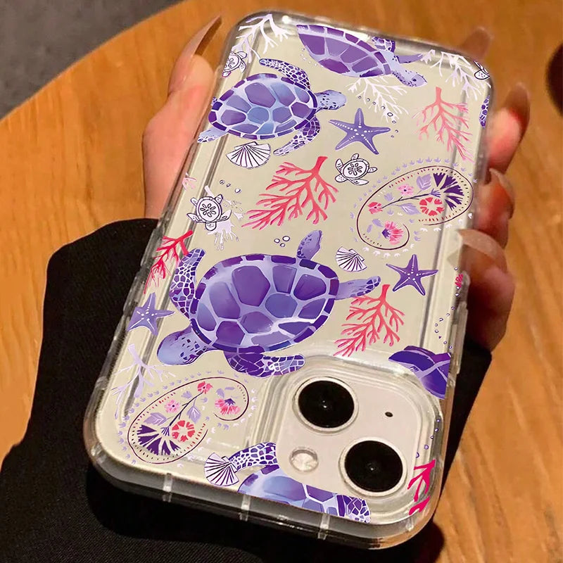 Fashion Transparent Phone Case For iPhone 17 16 Pro Max 15 14 13 12 11 XS X XR 7 8 Plus With Turtle Coral Seashell Pattern Cover