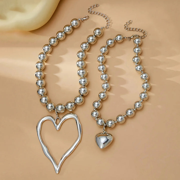 Bohemian style exaggerated large bead heart-shaped pendant necklace set, Valentine's Day jewelry gift for girlfriend