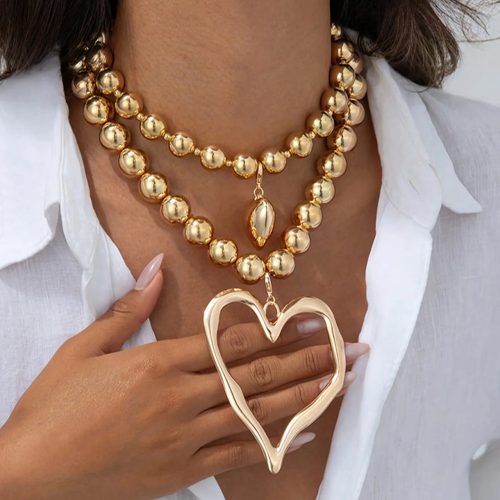 Bohemian style exaggerated large bead heart-shaped pendant necklace set, Valentine's Day jewelry gift for girlfriend
