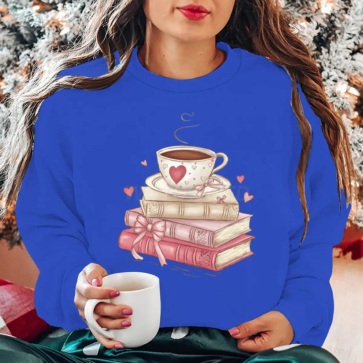 Sweatshirt Valentine Book Coffee Cup - Pull Femme Graphique Coquette Manches Longues