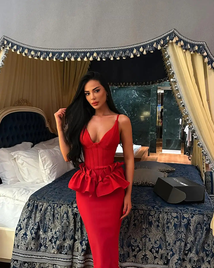 Robe Bandage Rouge Saint-Valentin - Robe Longue Moulante Col V Volants Femme