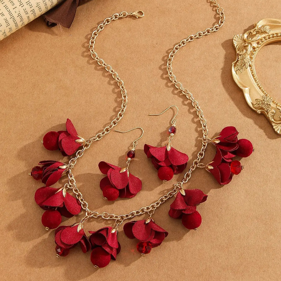 3pcs/Set Romantic Elegant Red Flower Chain Necklaces+Dangle Earrings,For Women Trendy Lovely Jewelry Set，Valentine'S Day Gift