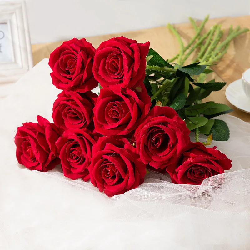 Yannew 5pcs Velvet Artificial Rose Flowers with Long Stem Valentines Day Red Gift Roses for DIY Wedding Bouquets Home Room Decor