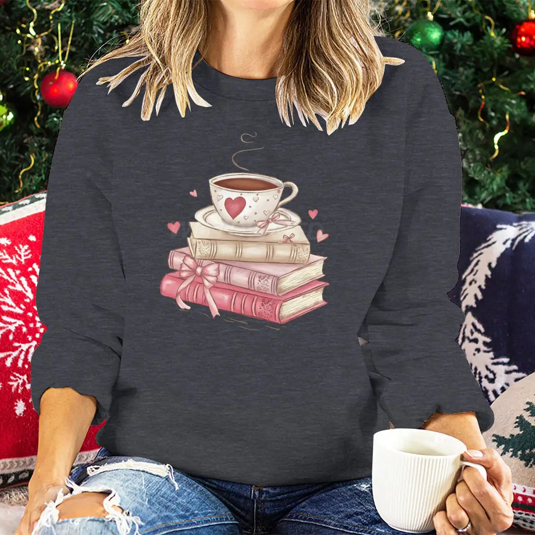 Sweatshirt Valentine Book Coffee Cup - Pull Femme Graphique Coquette Manches Longues