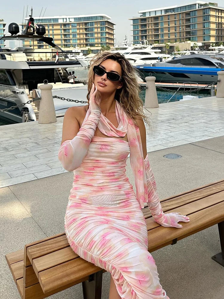 VC Elegant Dress For Women Draped Ribbon With Long Sleeves Gloves Dress Party Vestido Mesh Holiday Sundress