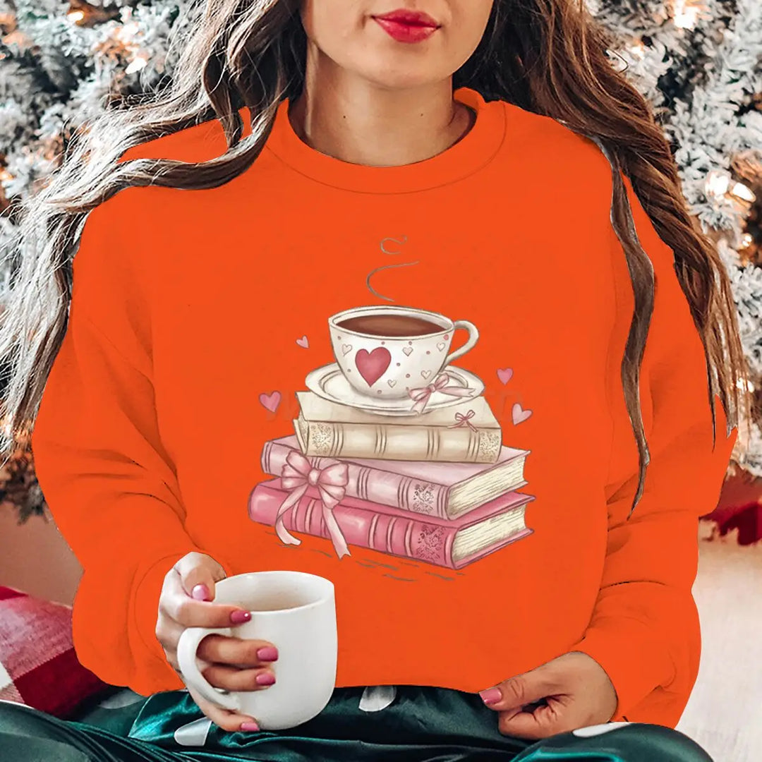 Sweatshirt Valentine Book Coffee Cup - Pull Femme Graphique Coquette Manches Longues