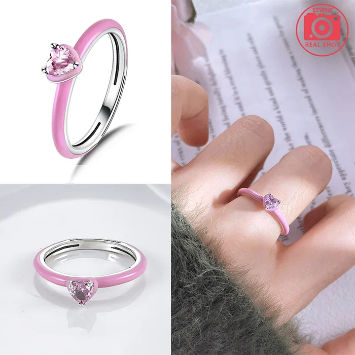 2025 Valentine's Day 925 Silver Black & Pink Heart Shiny Zircon Rings Trendy Ring for Women Love Gift DIY Fine Jewelry