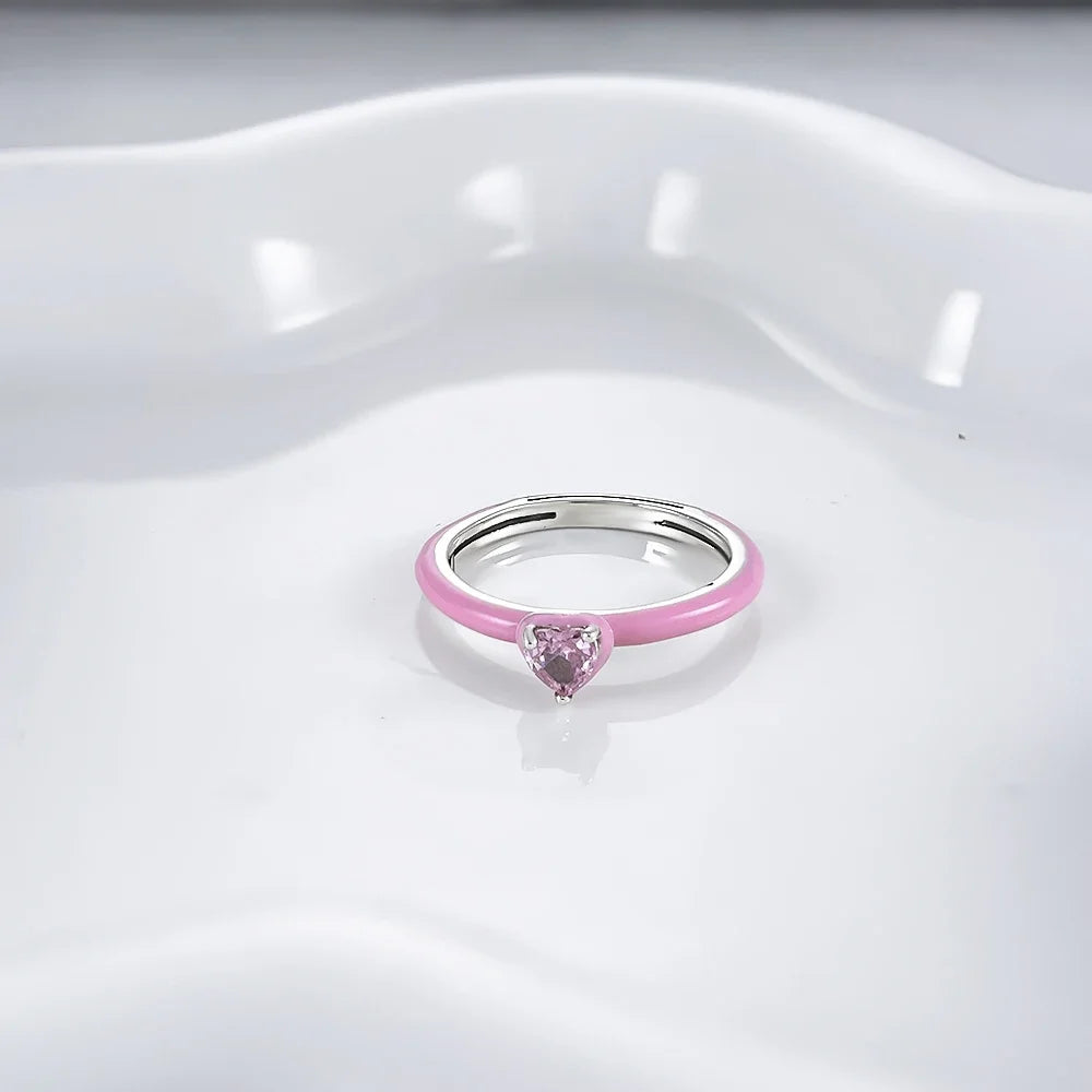 2025 Valentine's Day 925 Silver Black & Pink Heart Shiny Zircon Rings Trendy Ring for Women Love Gift DIY Fine Jewelry