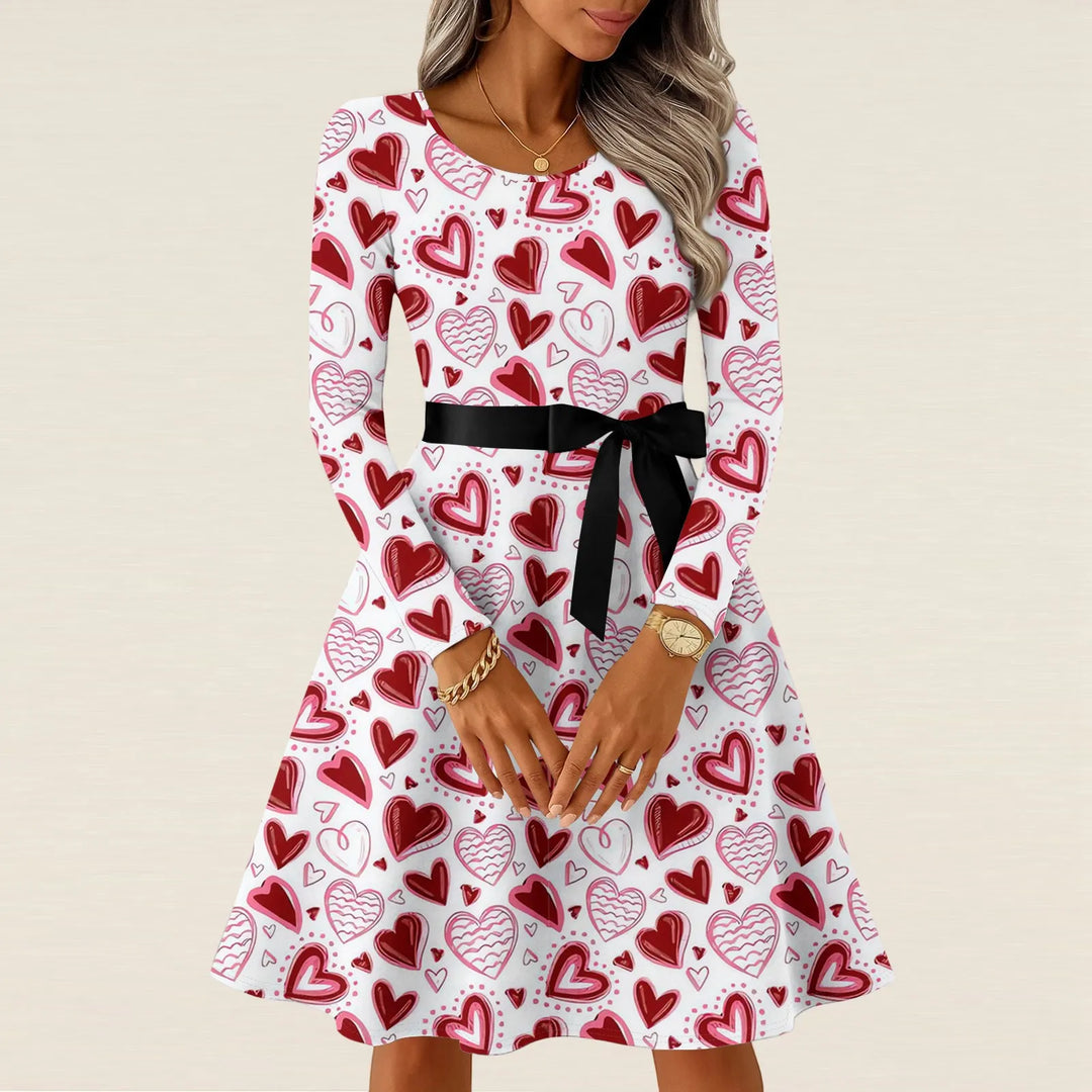 Robe Tricot Imprimé Cœur Saint-Valentin - Robe Longue Manches Longues Femme