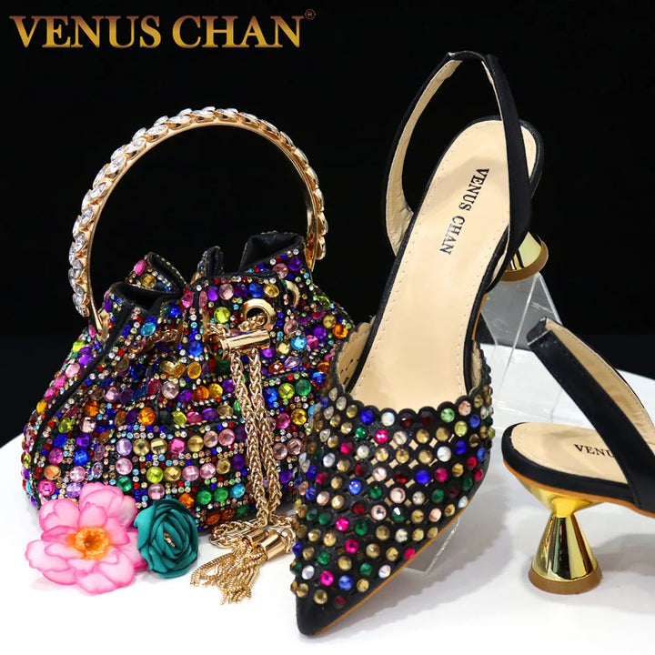 Venus Chan 2023 New INS High-Heeled Pointed Toe Wedding Shoes Colorful Full Diamond Design Shoe and Bag Set for Nigeria Party