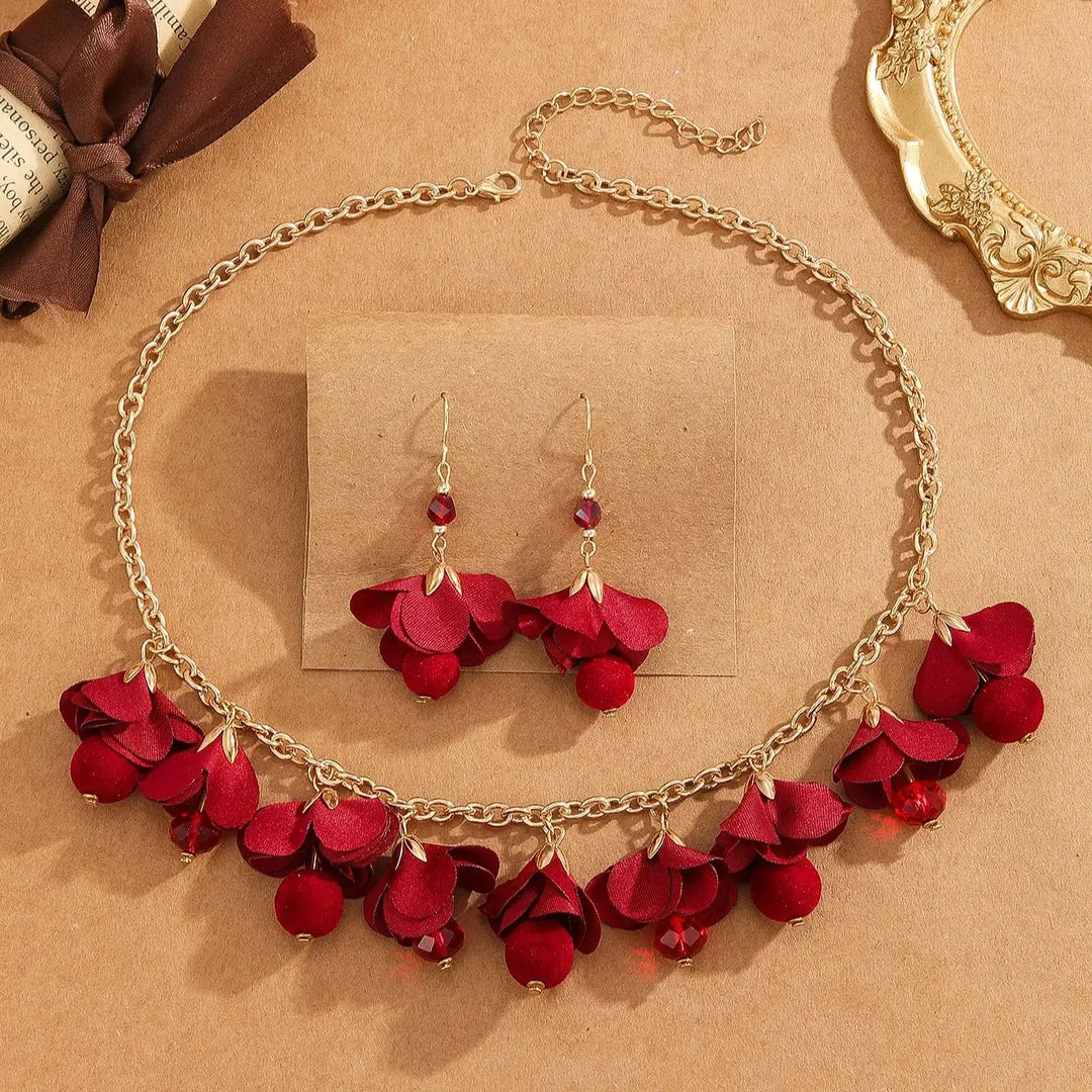 3pcs/Set Romantic Elegant Red Flower Chain Necklaces+Dangle Earrings,For Women Trendy Lovely Jewelry Set，Valentine'S Day Gift
