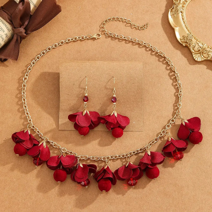 3pcs/Set Romantic Elegant Red Flower Chain Necklaces+Dangle Earrings,For Women Trendy Lovely Jewelry Set，Valentine'S Day Gift