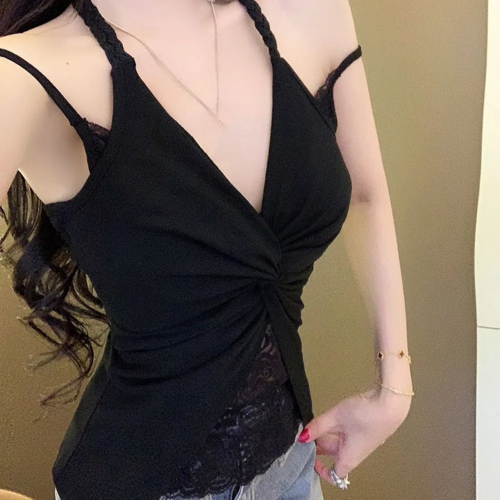 V Neck Lace Patchwork Vest Sleeveless Solid Color Halter Tank Top Twist Design Summer Fabric Spaghetti Straps Top Casual Outfit