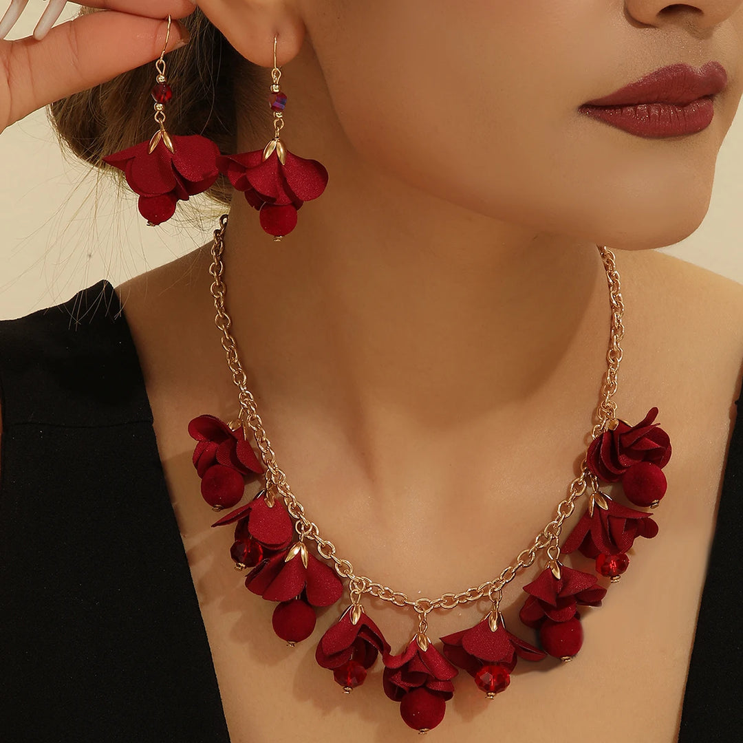 3pcs/Set Romantic Elegant Red Flower Chain Necklaces+Dangle Earrings,For Women Trendy Lovely Jewelry Set，Valentine'S Day Gift