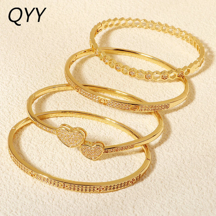 QYY Valentine's Day Simple Fashion Copper with Zirconia Open Bracelet Classic Woman's Jewelry Everyday Bracelets As Gifts