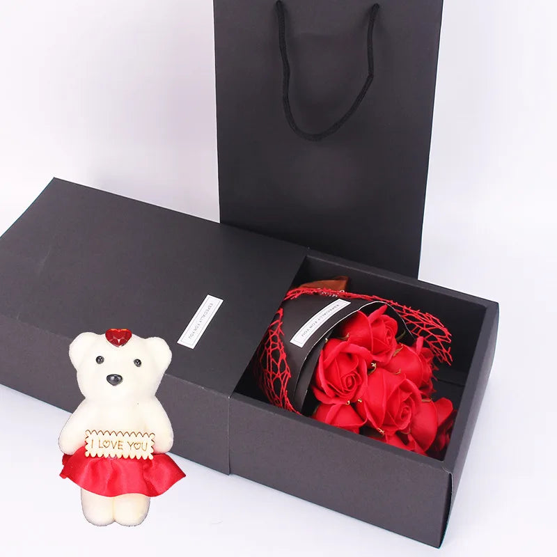 Valentine's Day Artificial Flowers 7 Rose Soap Bouquet Gift Box Teddy Bear Flower Creative Valentine's Day Gift Home Decor