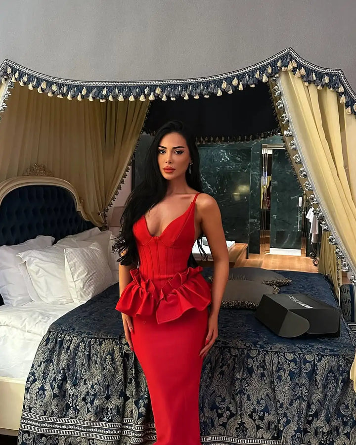 Robe Bandage Rouge Saint-Valentin - Robe Longue Moulante Col V Volants Femme